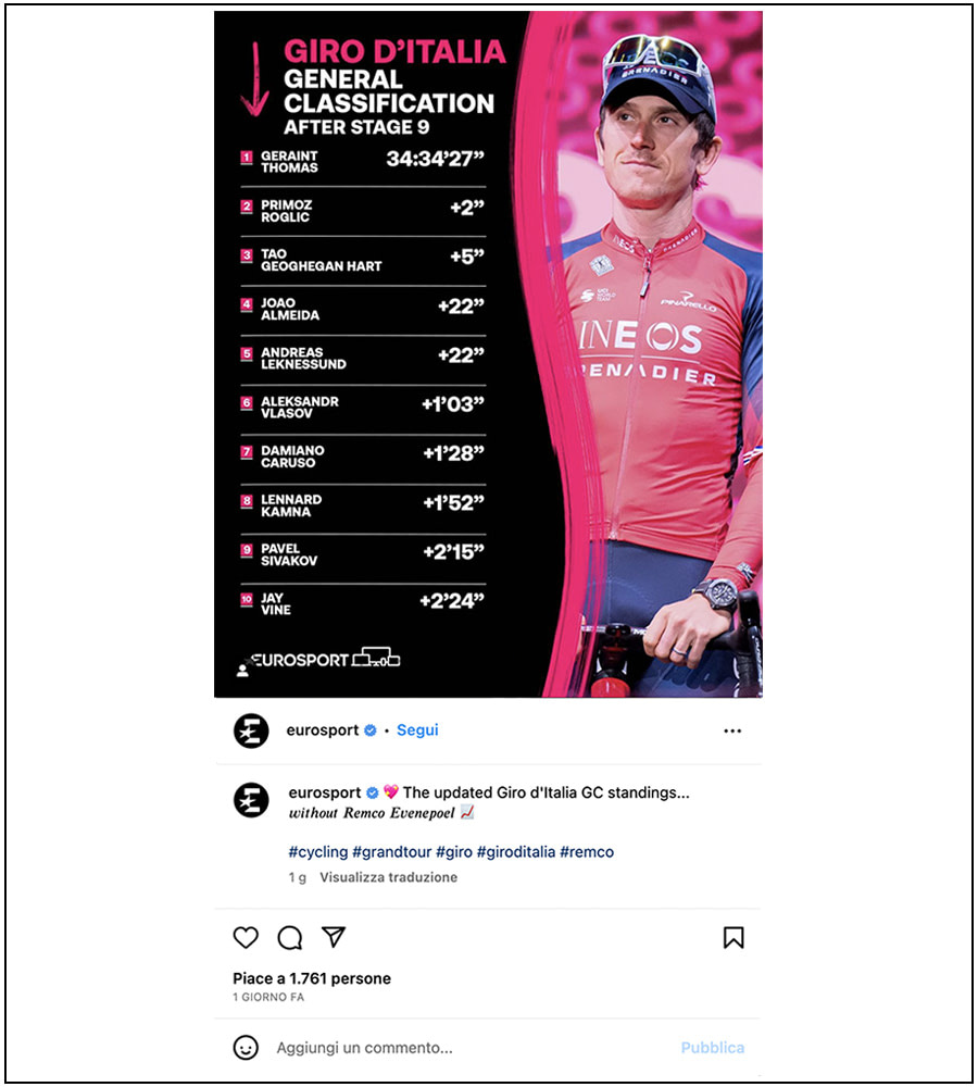 Eurosport - Instagram - Geraint Thomas, Giro d'Italia 2023 - Elena Vizzoca