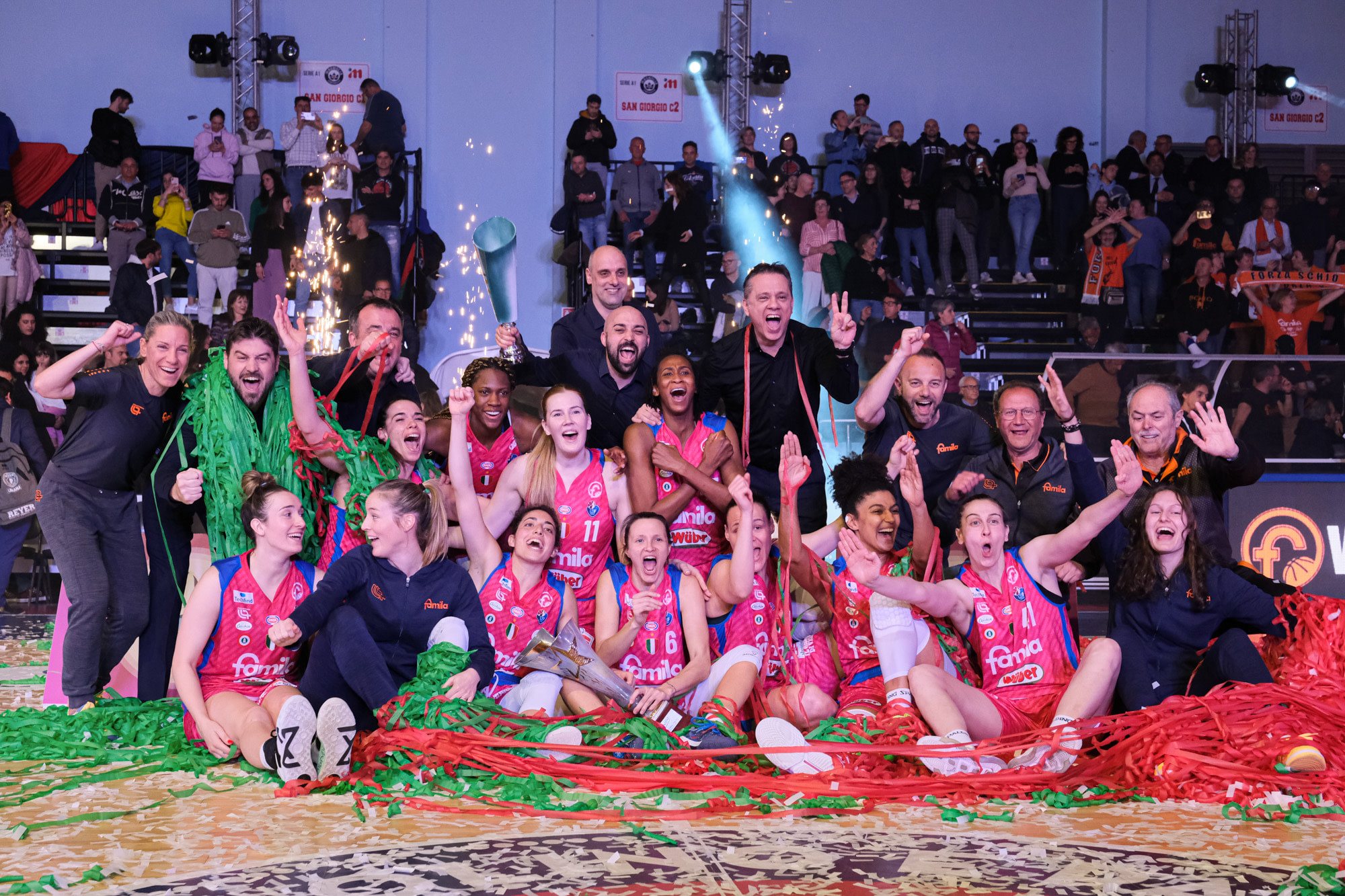 Famila Wuber Schio celebrates winning the final against Umana Reyer Venezia during the Women's Final Eight of the Italian Cup 2023. (Ph. Elena Vizzoca ©Unicode Images)