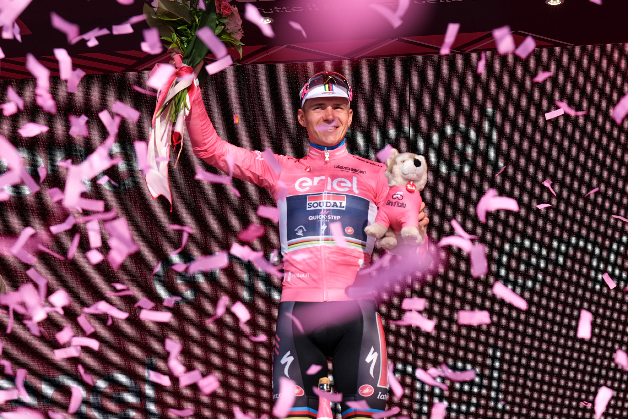 Remco Evenepoel of Belgium and Team Soudal - Quick Step on podium celebrates the victory of the Pink Leader Jersey during the Stage 2 of the 106th Giro d'Italia 2023 at Lungomare Cristoforo Colombo in San Salvo Marina, Italy. (ph. Elena Vizzoca ©Unicode Images)