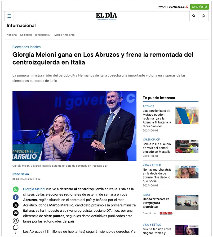 Giorgia Meloni alle elezioni regionali in Abruzzo - El Dia | Ph. Elena Vizzoca