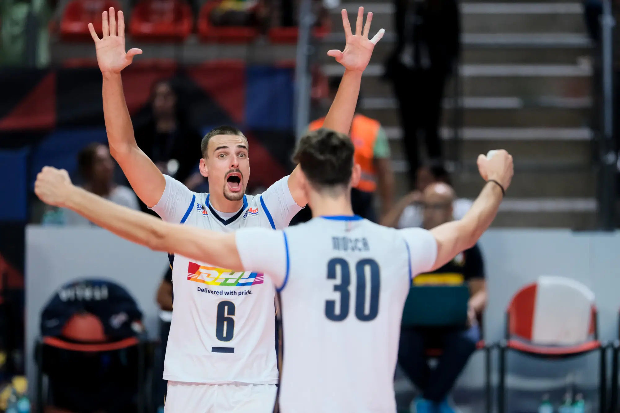 Simone Giannelli (L) and Leandro Mosca of Italy (R) exult during the Final Round Day 6 of the Men’s CEV Eurovolley 2023 between Italy vs Switzerland in Ancona (Italy). (ph. Davide Di Lalla ©Unicode Images)