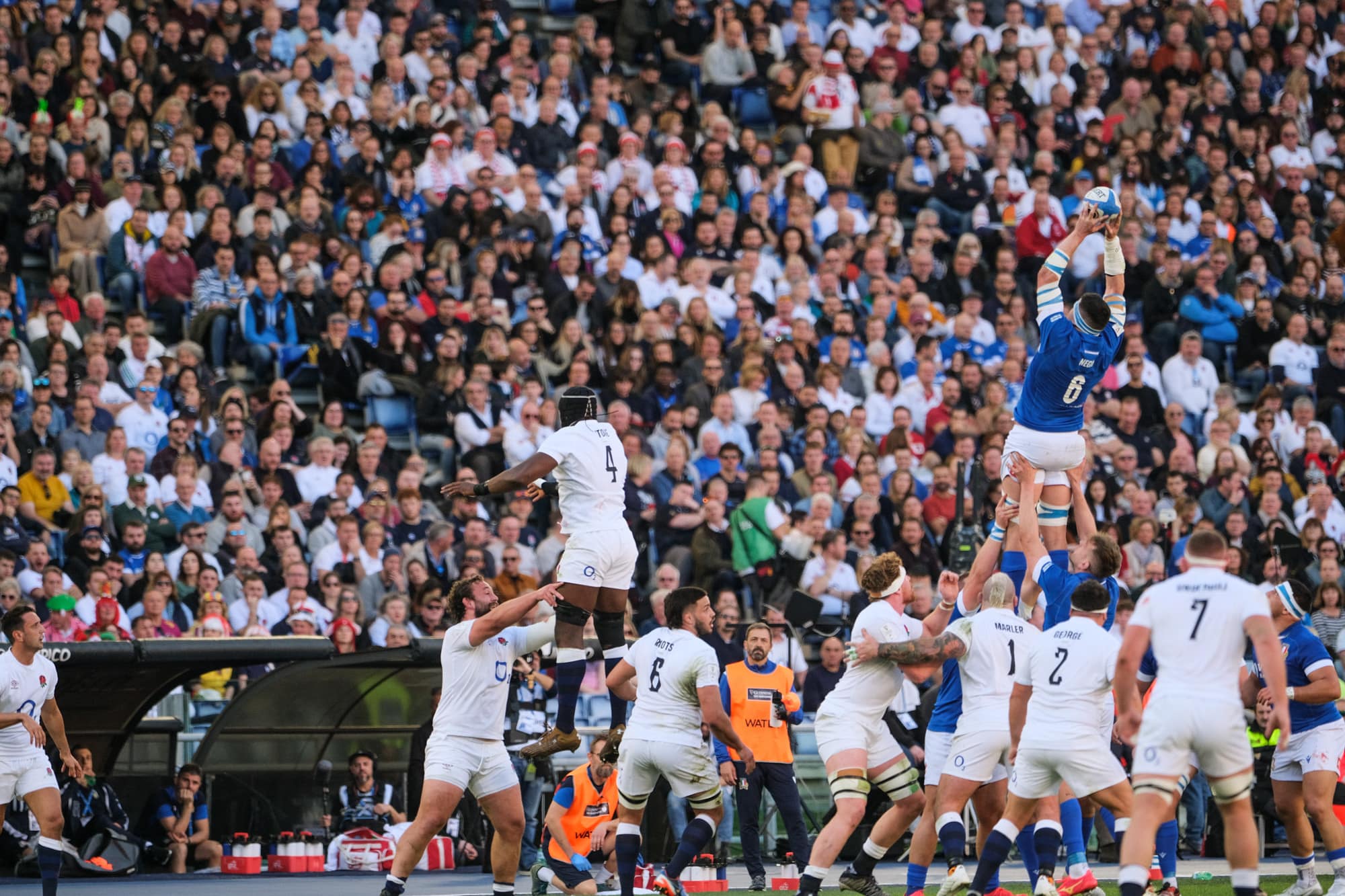 Sebastian Negri of Italy is catching the ball in a line-out during the Guinness Men's Six Nations 2024 at the Stadio Olimpico on February 3, 2024 in Rome, Italy.