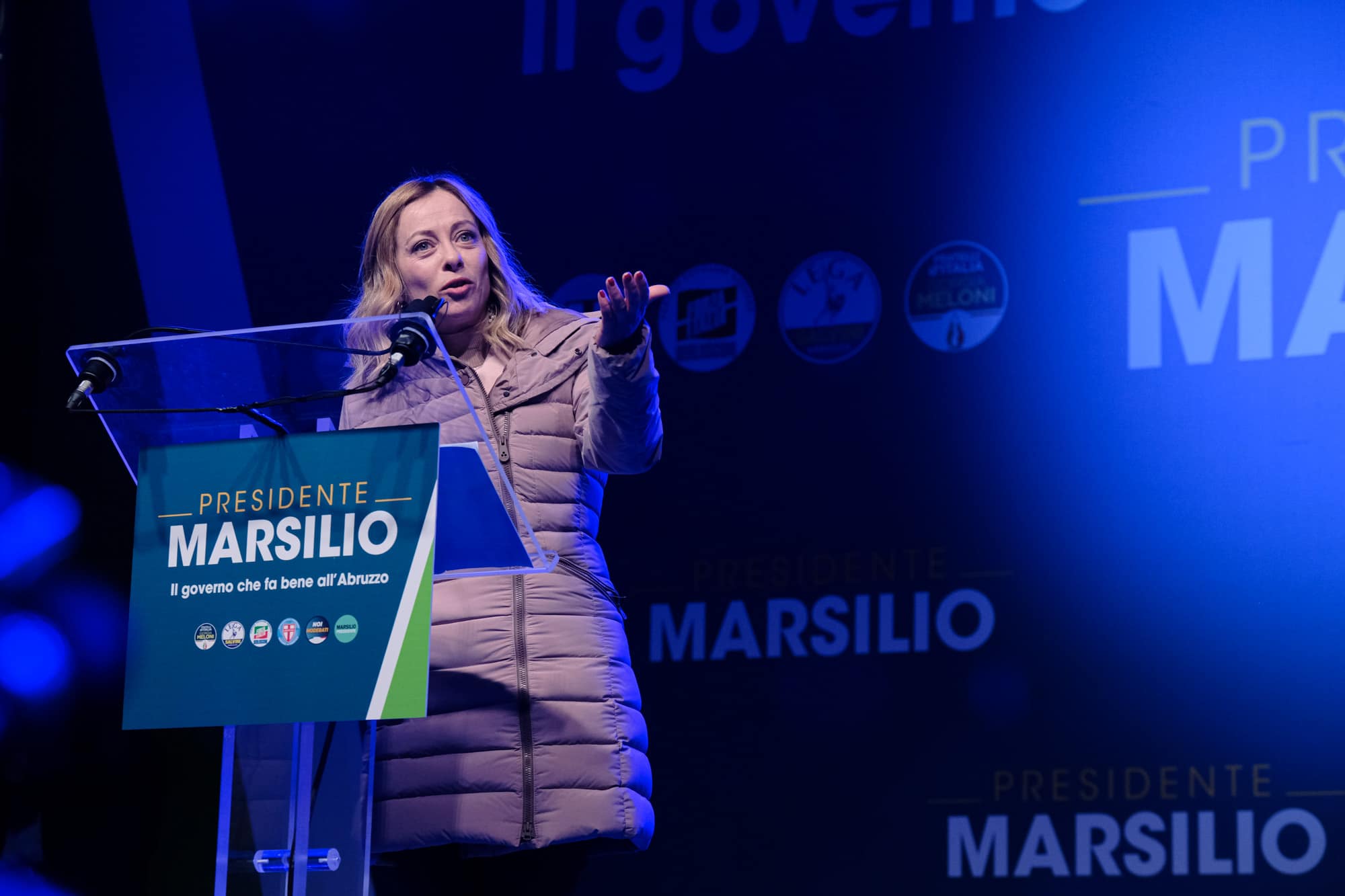 Italian Prime Minister Giorgia Meloni speaks during a rally for the Abruzzo regional elections in Pescara in support of Marco Marsilio. 5 March 2024
