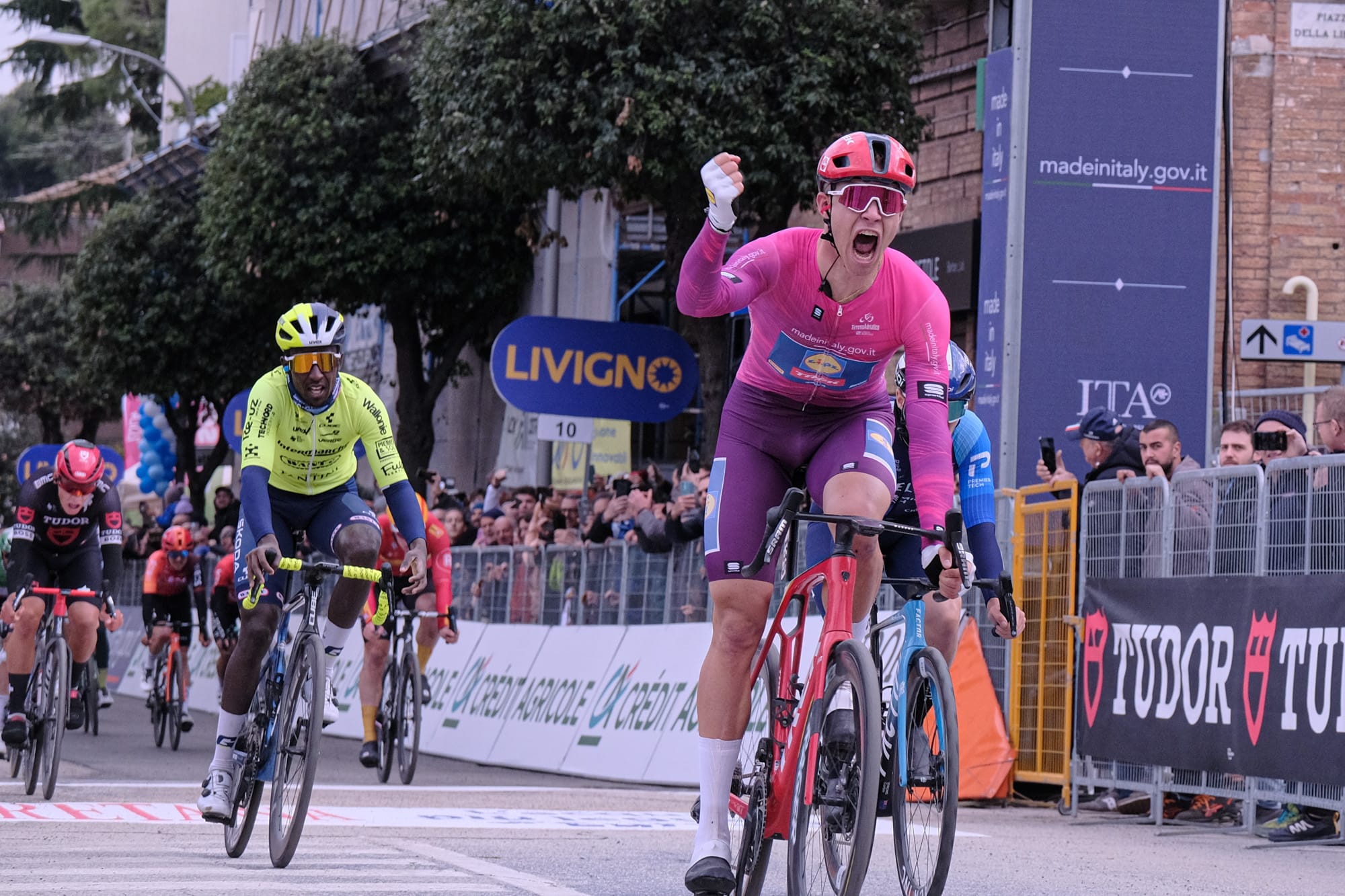 Italian Jonathan Milan of Team LIDL - TREK celebrates at the finish line during the Stage 4 of the Tirreno Adriatico 2024 at Piazza della Libertà in Giulianova, Italy. (ph. Elena Vizzoca ©Unicode Images)