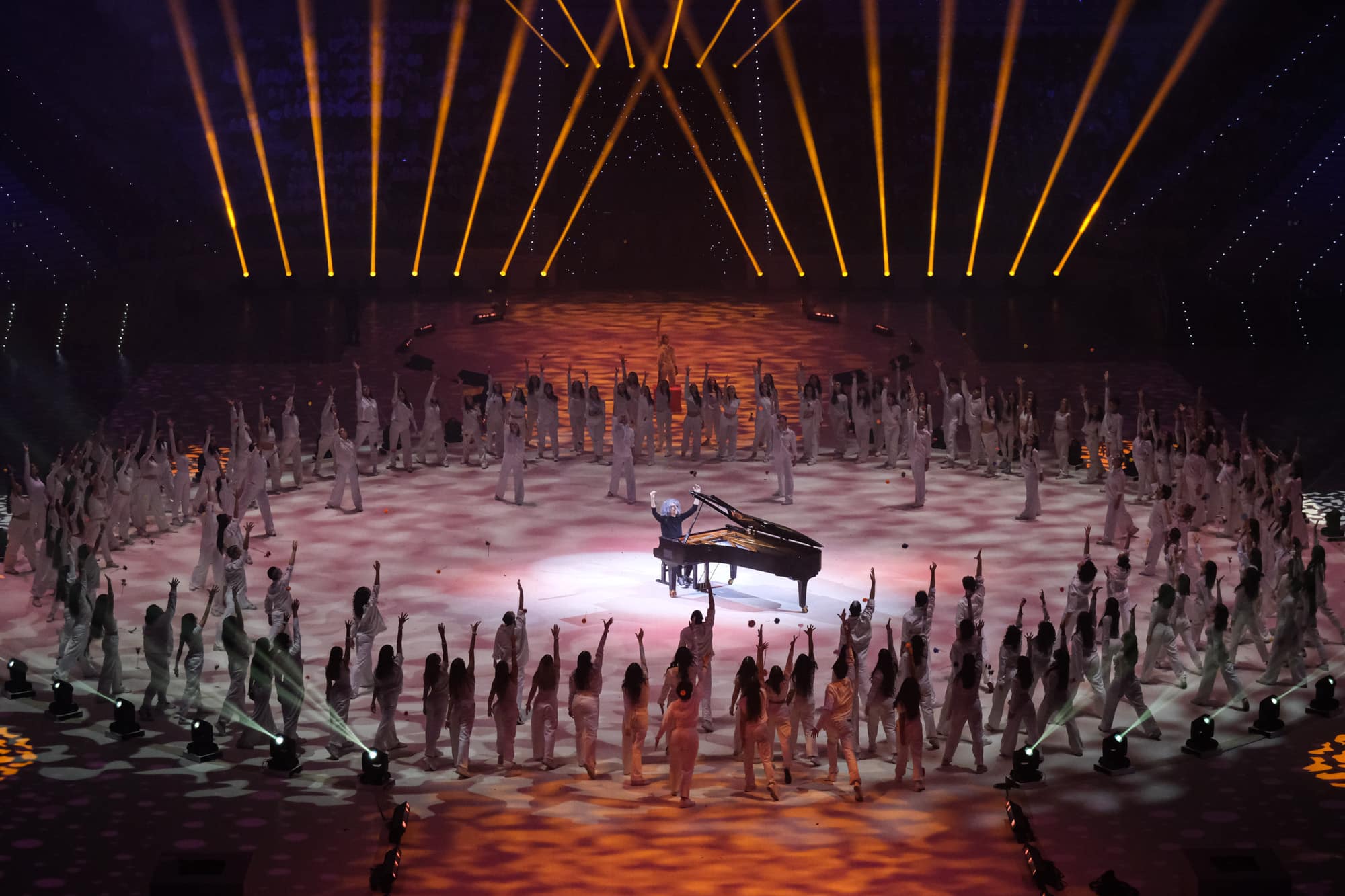 Pianist Giovanni Allevi performs during the Opening Ceremony of FISU Games 2025 in Torino, Italy