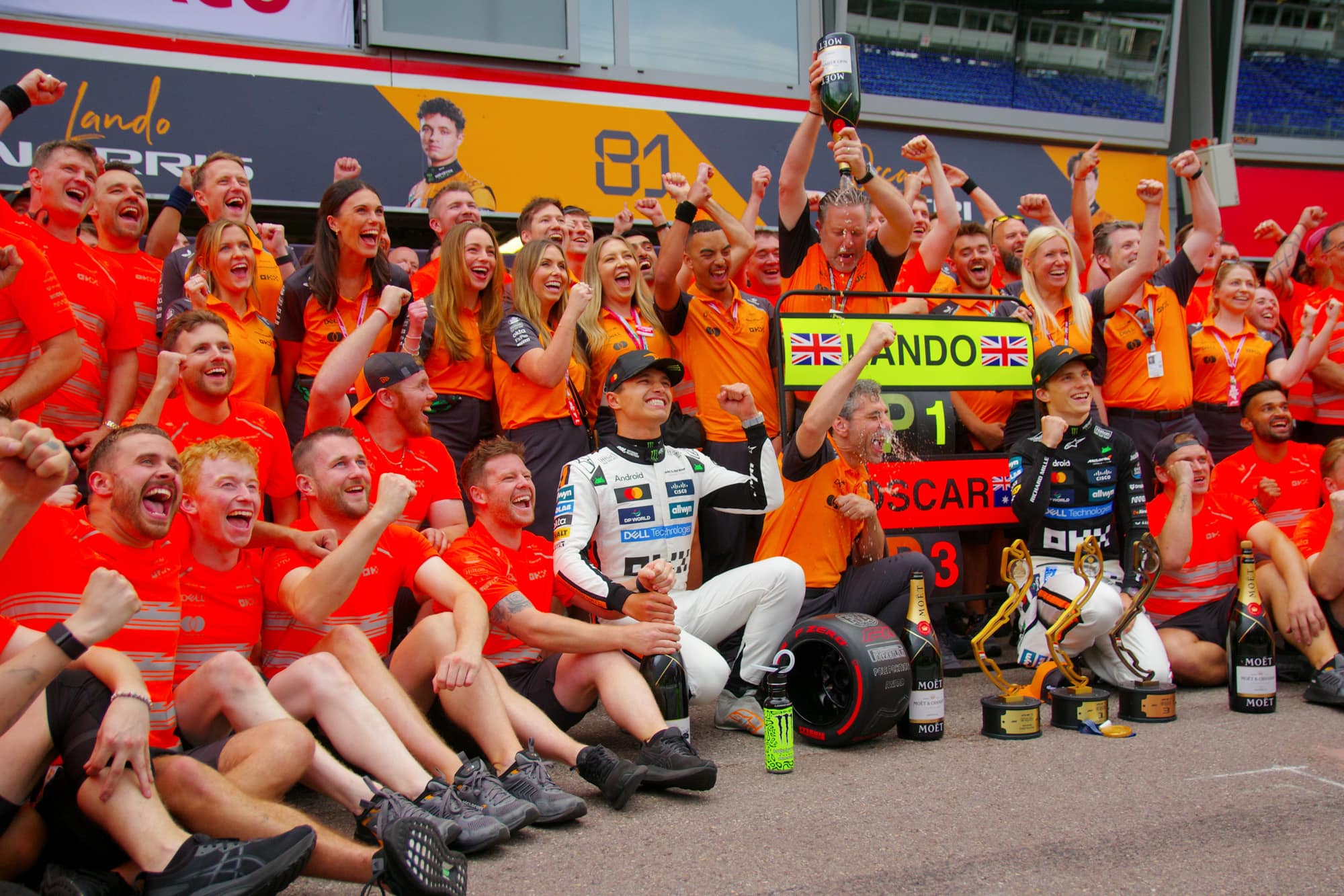 (L to R) Lando Norris, Andrea Stella, Team Chief, Zack Brown Chief Executive Office and Oscar Piastri of McLaren Formula 1 Team with their team during the victory celebration of the F1 Monaco GP 2025 in Monte-Carlo, Monaco. Ph. Daniel Gonzalez Aguilera