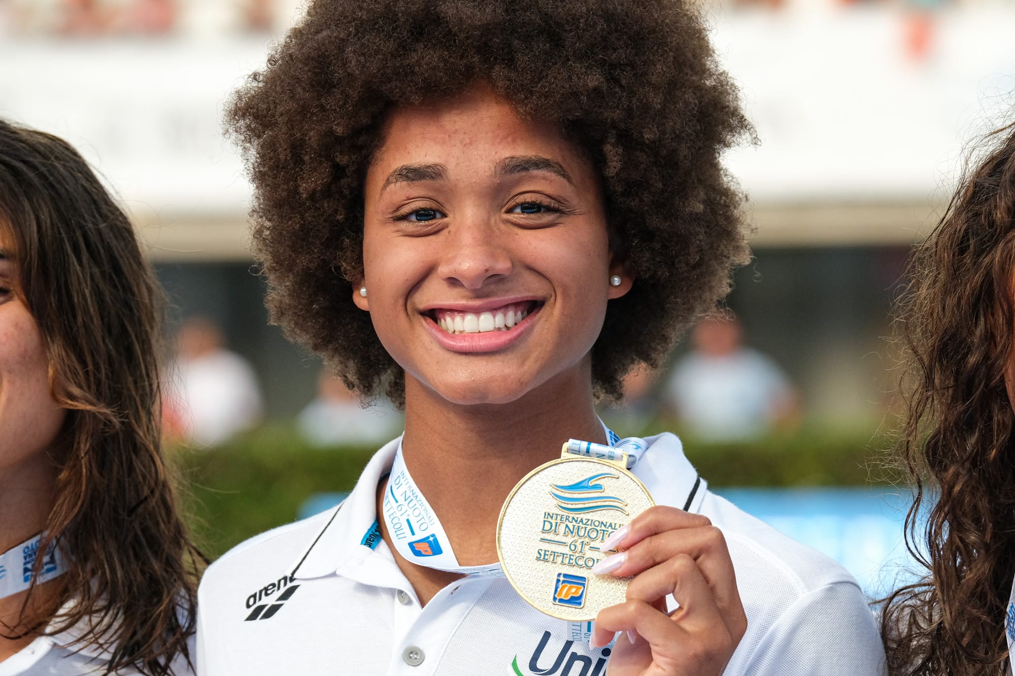 Sara Curtis of Italy seen during Podium of Women 100m Freestyle Final during the second day at the swimming internationals of the 61th Settecolli Trophy.