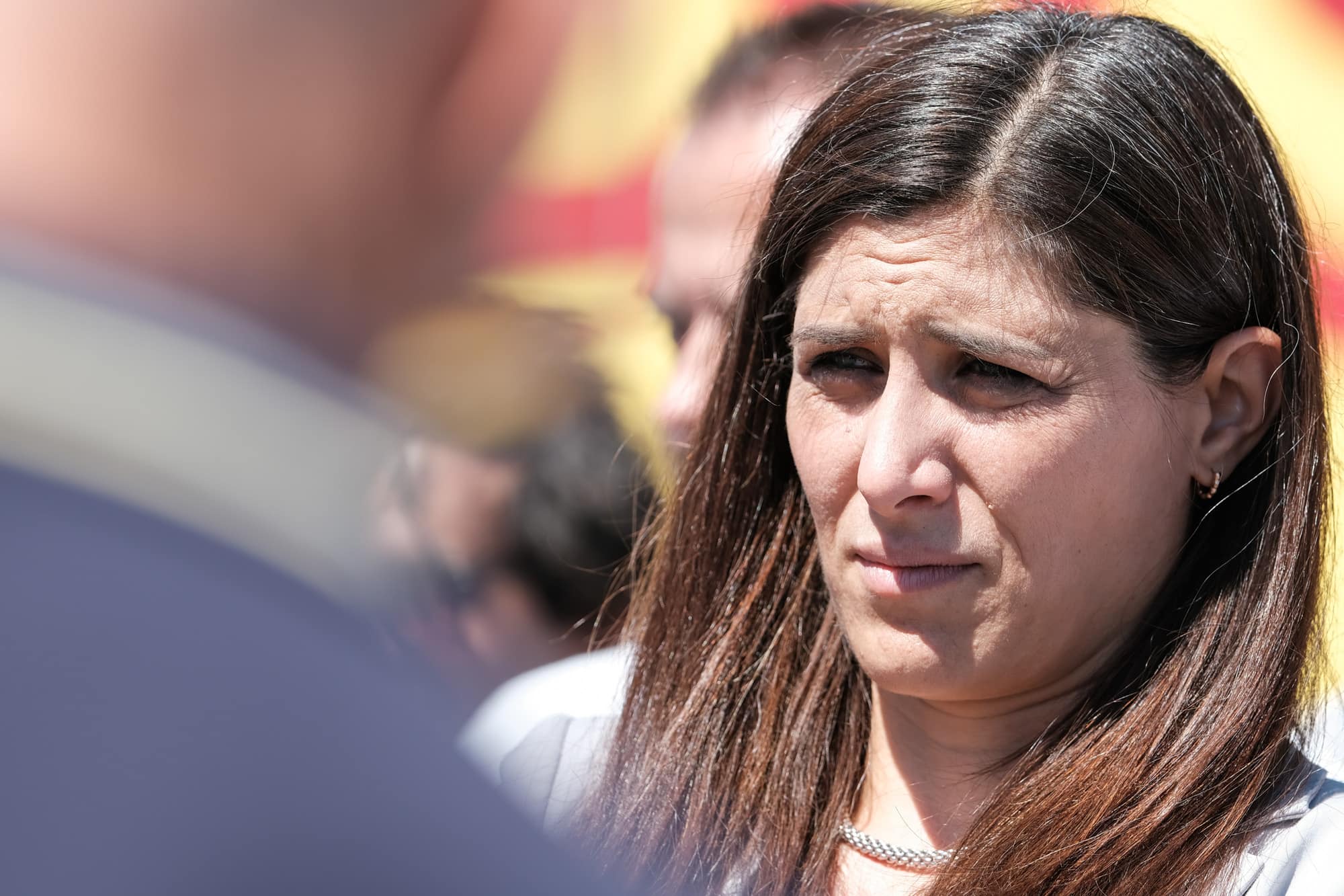Chiara Appendino, Member of Parliament and vice president of the Five Star Movement, during a meeting with workers and trade union representatives outside the Stellantis plant. The former mayor of Turin listened to employees under solidarity contracts who denounced the stalemate on the Gigafactory project, accusing the government of failing to take responsibility for the automotive sector crisis.