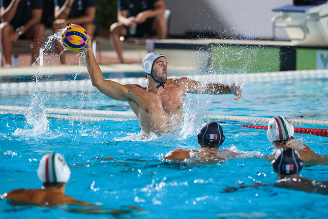 Giacomo Cannella of Italy in action during the friendly water polo match between Italy and France held at the 60th Settecolli International Swimming Championships in Rome, Italy.