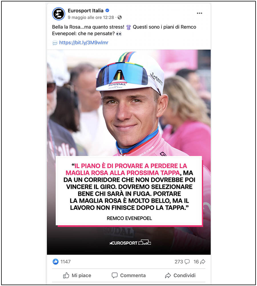 Eurosport Italia - Facebook - Remko Evenepoel, Giro d'Italia 2023 - Elena Vizzoca