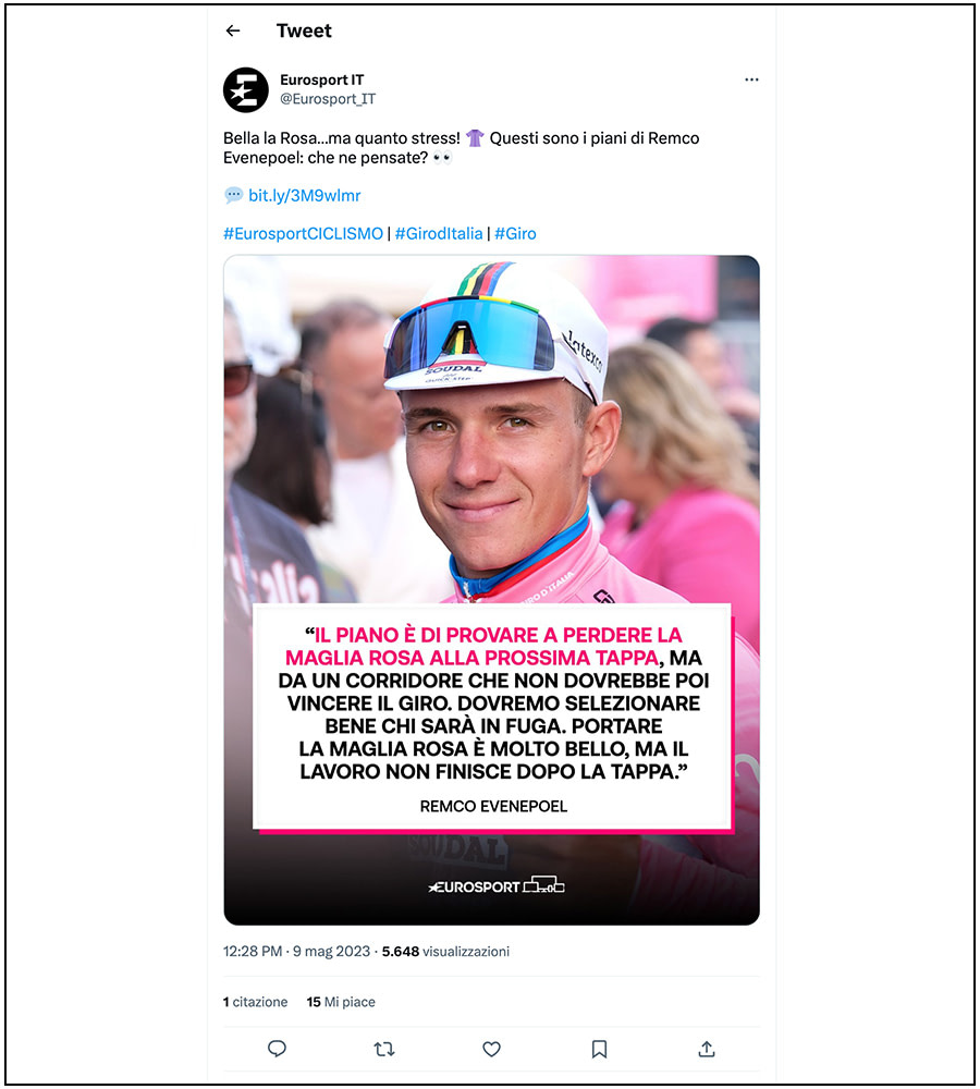 Eurosport Italia - Twitter - Remko Evenepoel, Giro d'Italia 2023 - Elena Vizzoca