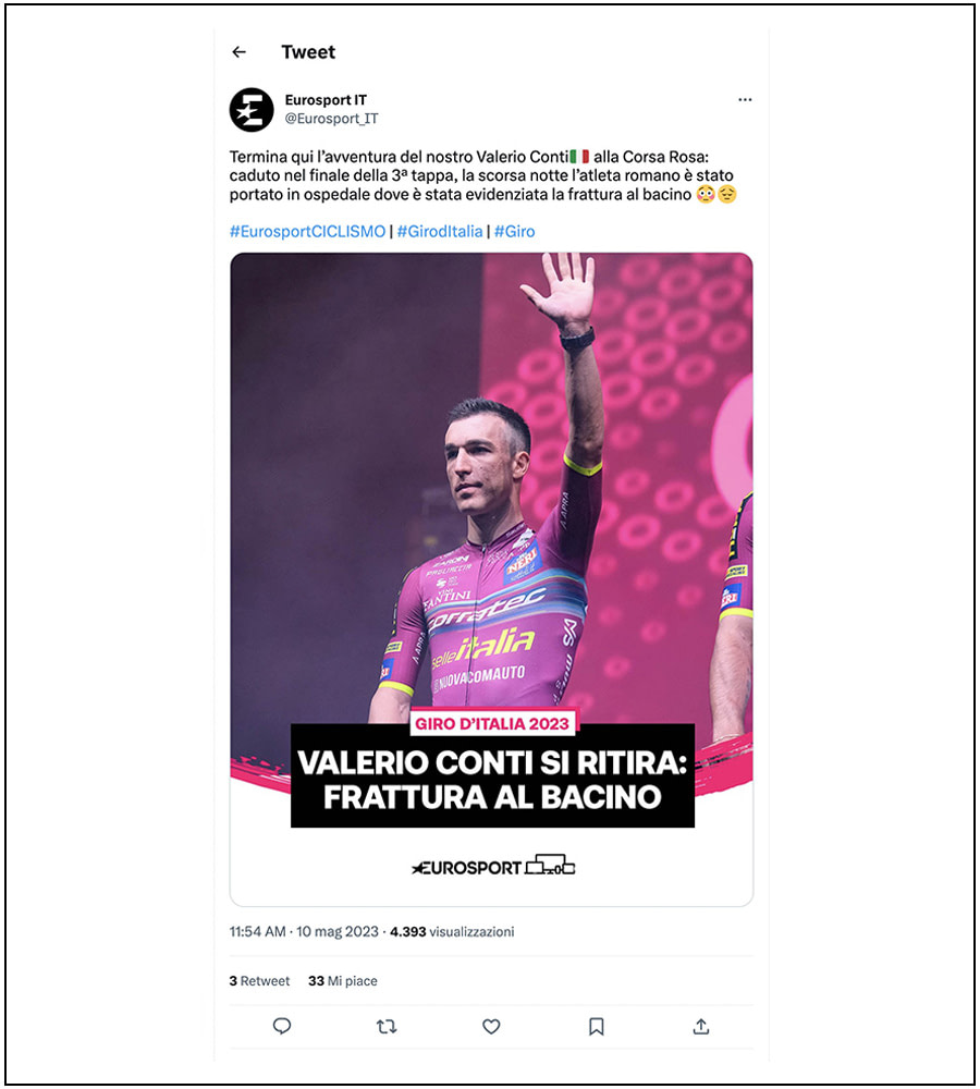 Eurosport Italia - Twitter - Valerio Conti, Giro d'Italia 2023 - ph. Davide Di Lalla