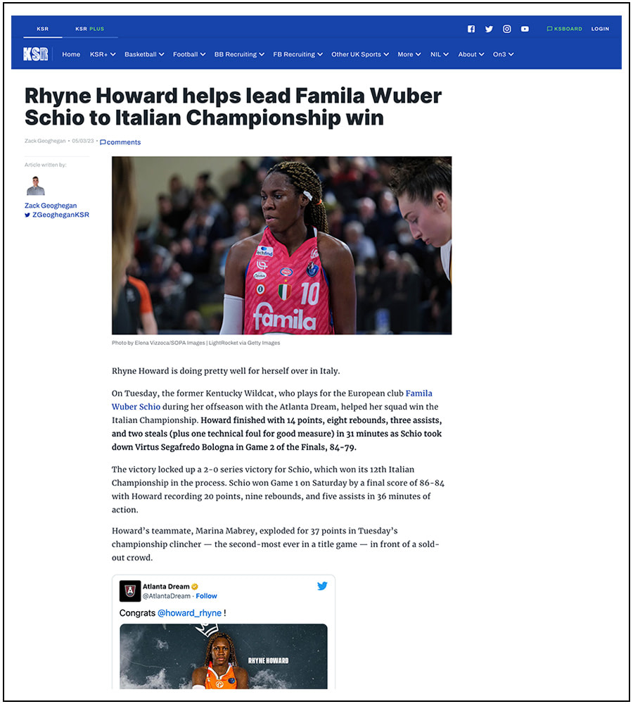 on3 - KSR - Rhyne Howard, Women's basketball - Famila Wuber Schio - ph. Elena Vizzoca