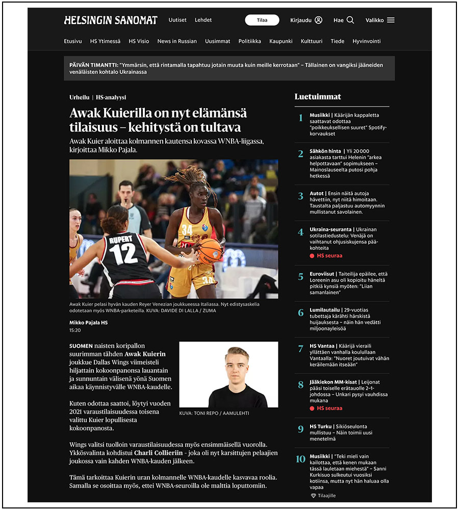 Helsingin Sanomat - Awak Kuier - Basket femminile - ph. Davide Di Lalla