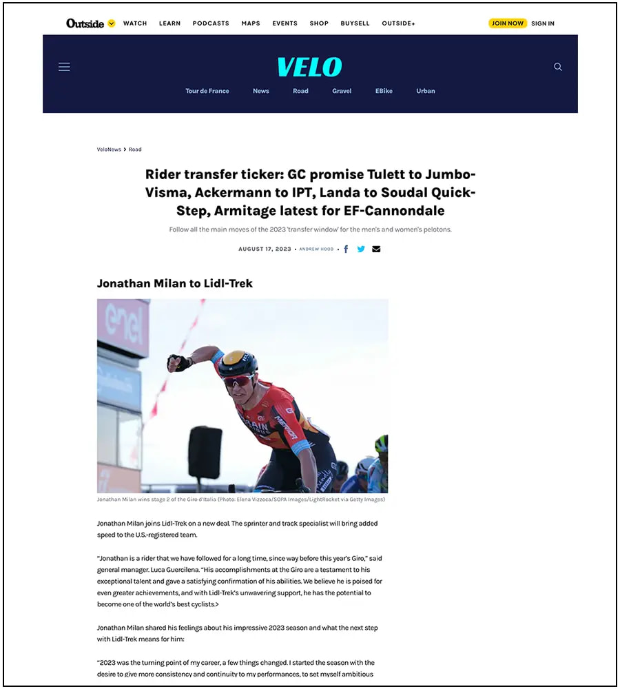 Outside Velo News - Jhonatan Milan, Giro d'Italia - ph. Elena Vizzoca