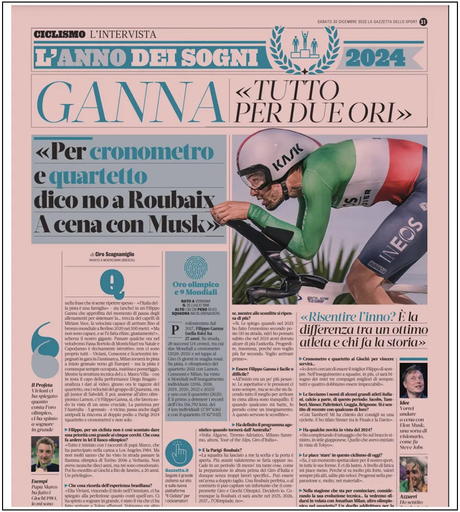 La Gazzetta dello Sport of December 30, 2023: Filippo Ganna - ph. Elena Vizzoca