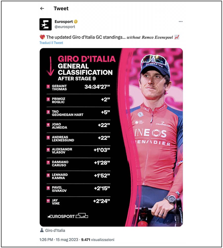 Eurosport - Twitter - Geraint Thomas, Giro d'Italia 2023 - Elena Vizzoca